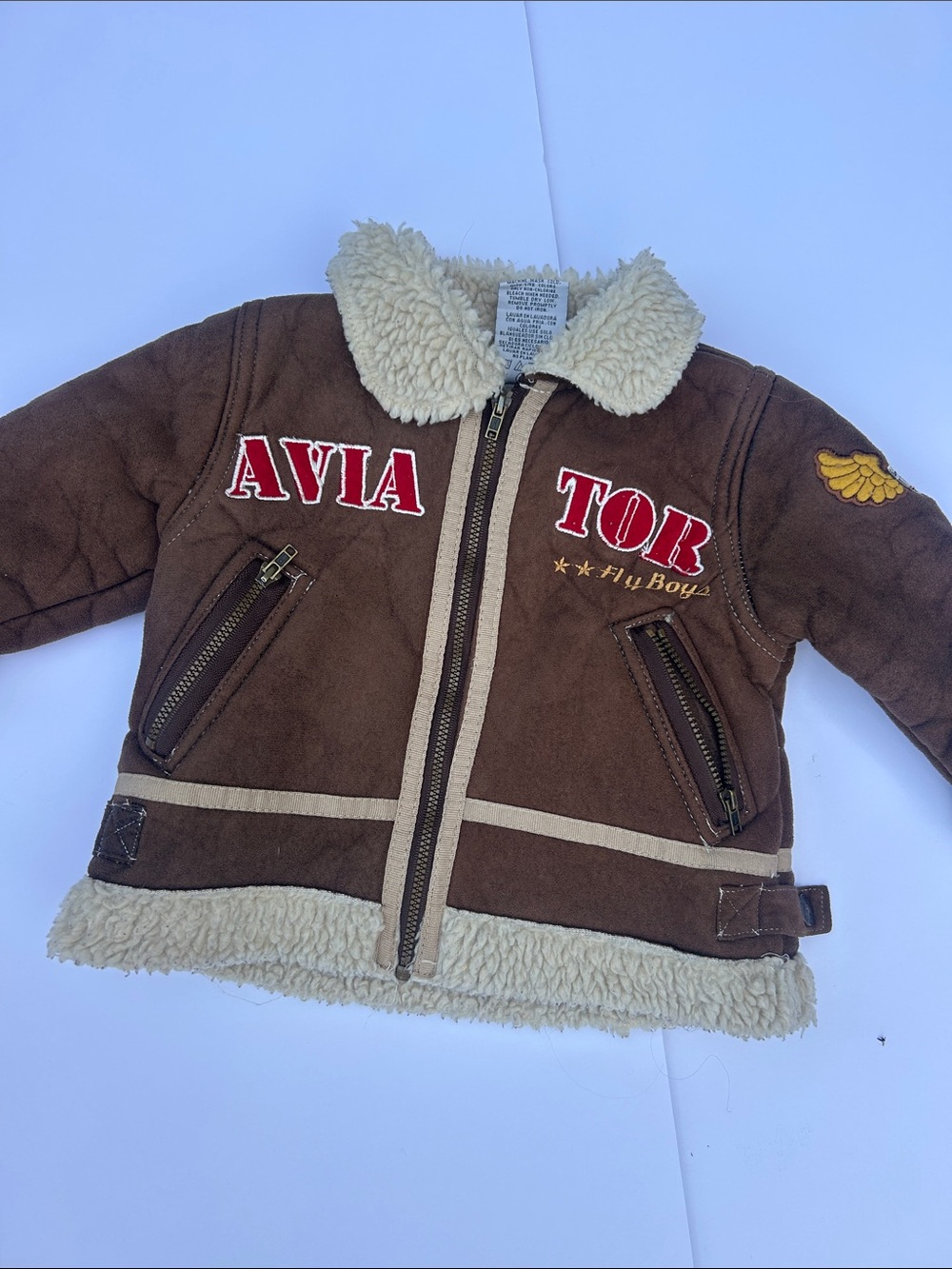 Avia Brown Puffer Aviator Jacket with Cream Shearling Collar and Red Lettering